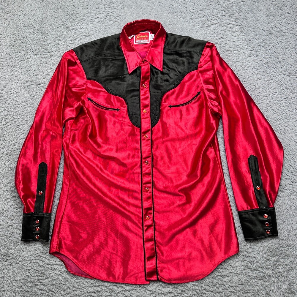 Vintage Ely Satin Western Shirt Mens Large Red Long Sleeve Pearl Snap USA Made